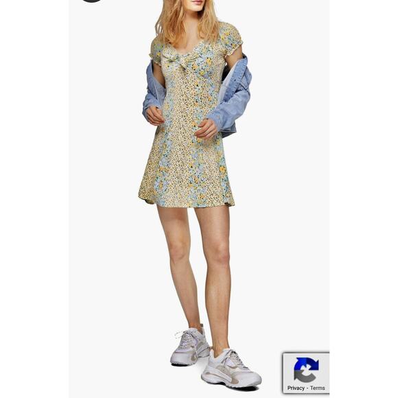 Topshop Cute Yellow Multi Color Ditsy Floral Off Shoulder Mini Puff Sleeve 4 - Picture 3 of 15